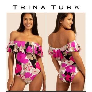 Trina Turk Gemini Lynx Floral Ruffle Off the Shoulder One Piece Swimsuit 14